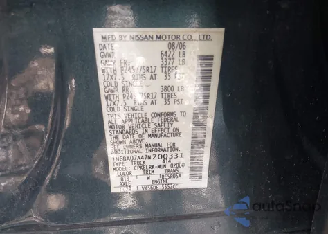 2007 Nissan Titan Xe z USA, uszkodzony, nr VIN 1N6BA07A47N200331